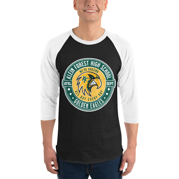 Man wearing Klein Forest High School Golden Eagles Unisex 3/4 Sleeve Raglan T-shirt 224