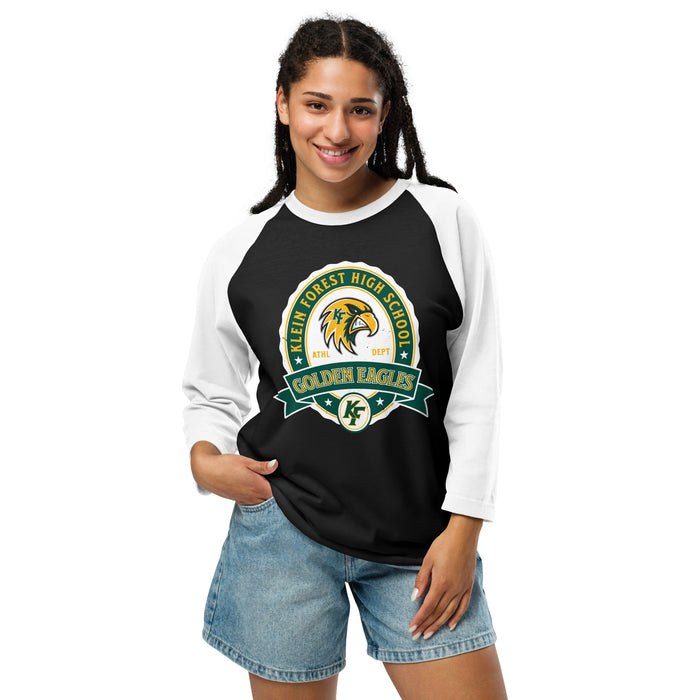 Woman wearing Klein Forest High School Golden Eagles Unisex 3/4 Sleeve Raglan T-shirt 212