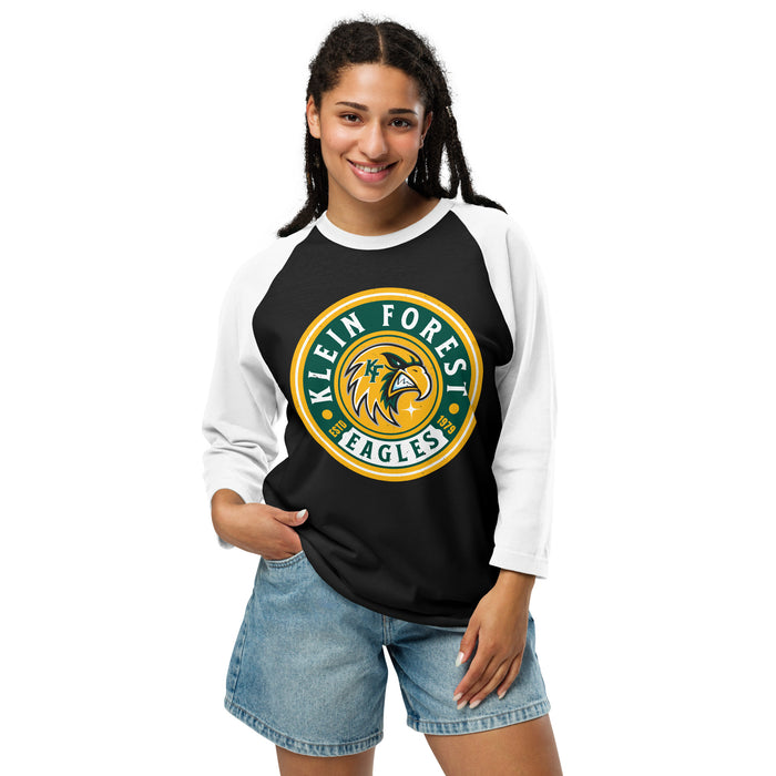 Woman wearing Klein Forest High School Golden Eagles Unisex 3/4 Sleeve Raglan T-shirt 220