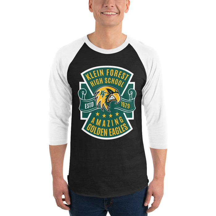 Man wearing Klein Forest High School Golden Eagles Unisex 3/4 Sleeve Raglan T-shirt 207