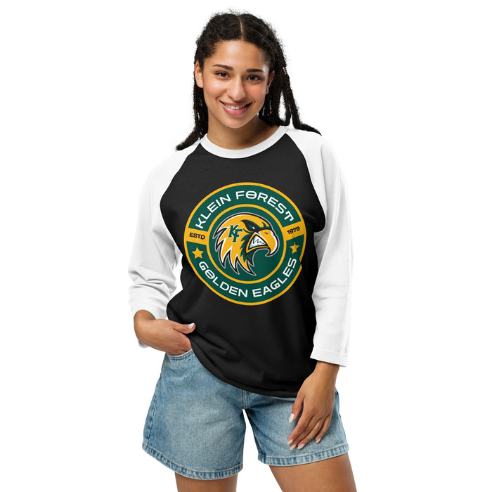 Woman wearing Klein Forest High School Golden Eagles Unisex 3/4 Sleeve Raglan T-shirt 239