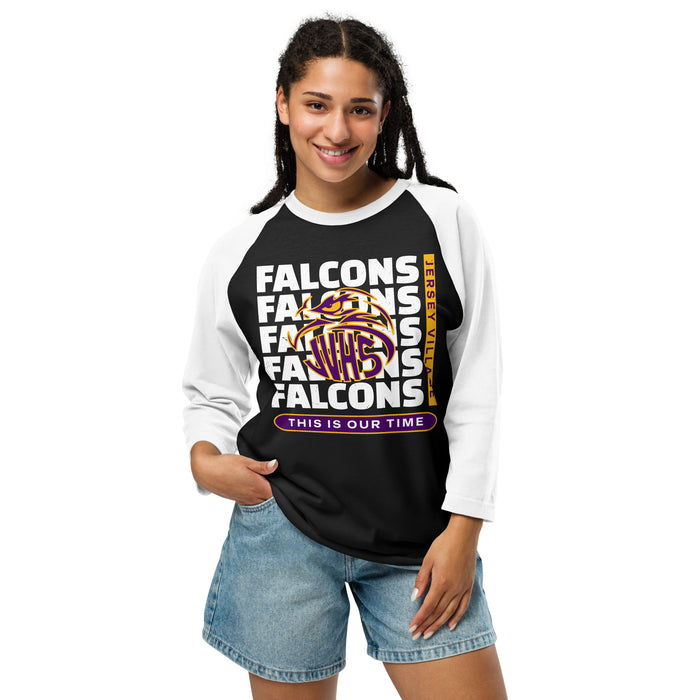 Woman wearing Jersey Village High School Falcons Unisex 3/4 Sleeve Raglan T-shirt 235