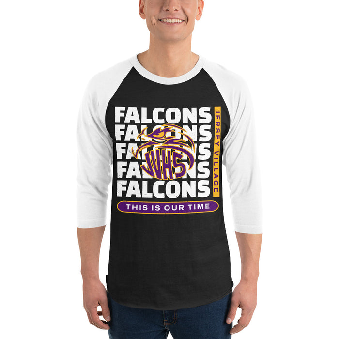 Man wearing Jersey Village High School Falcons Unisex 3/4 Sleeve Raglan T-shirt 235