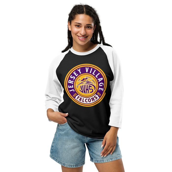 Woman wearing Jersey Village High School Falcons Unisex 3/4 Sleeve Raglan T-shirt 220