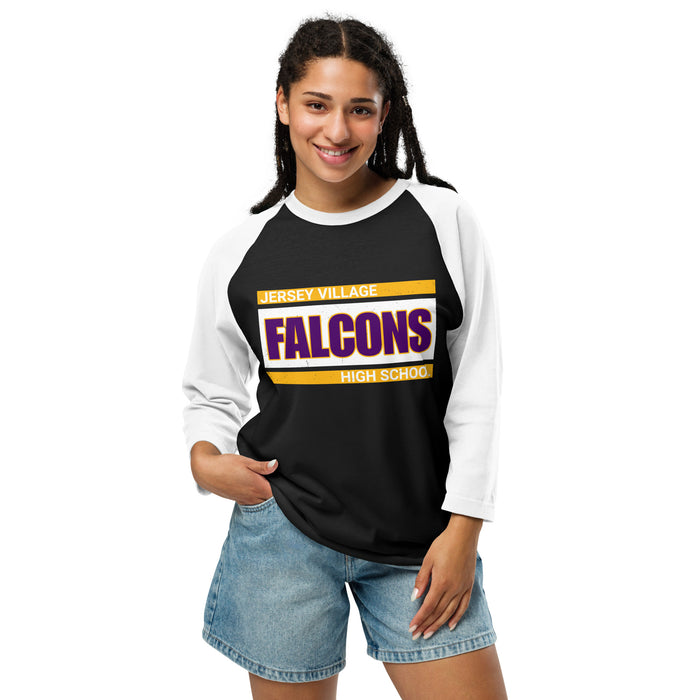 Woman wearing Jersey Village High School Falcons Unisex 3/4 Sleeve Raglan T-shirt 098