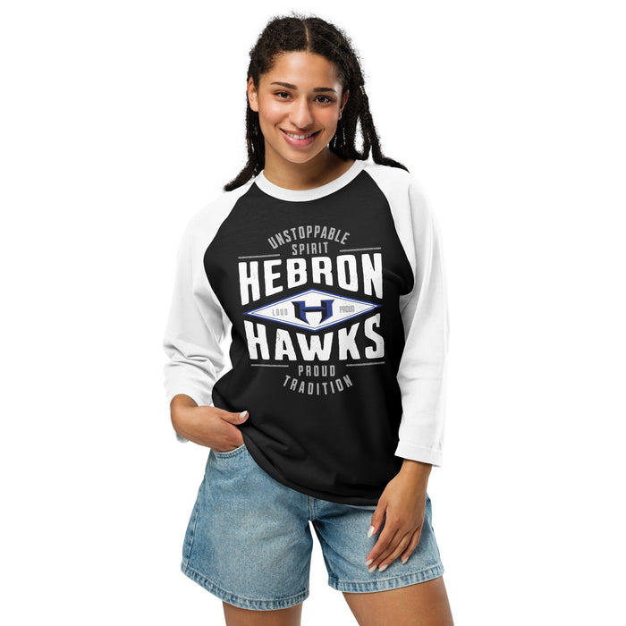 Woman wearing Hebron High School Hawks Unisex 3/4 sleeve Raglan T-shirt 210