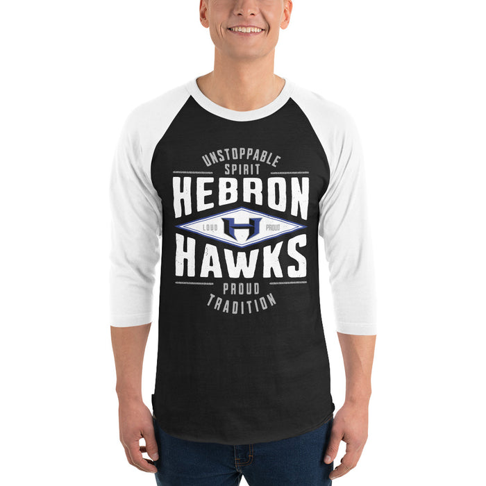 Man wearing Hebron High School Hawks Unisex 3/4 sleeve Raglan T-shirt 210