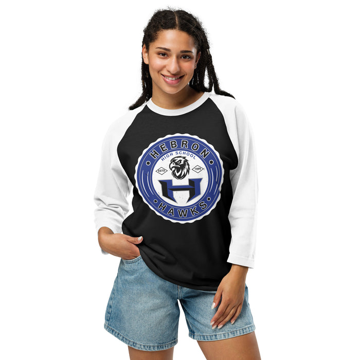 Woman wearing Hebron High School Hawks Unisex 3/4 sleeve Raglan T-shirt 216