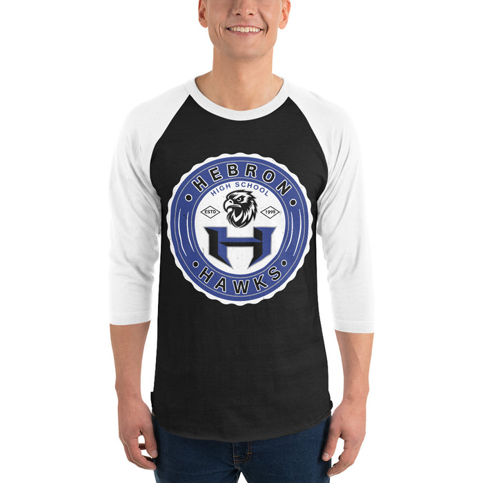 Man wearing Hebron High School Hawks Unisex 3/4 sleeve Raglan T-shirt 216