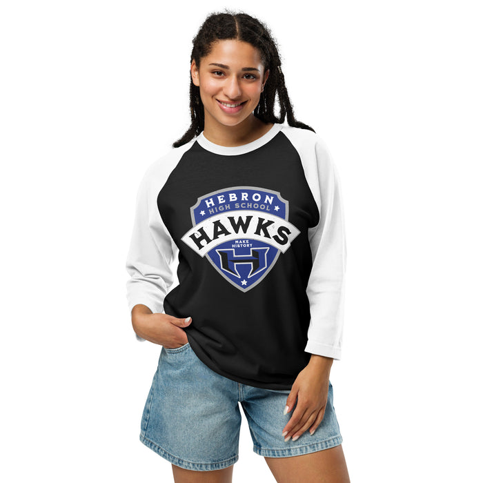 Woman wearing Hebron High School Hawks Unisex 3/4 sleeve Raglan T-shirt 221