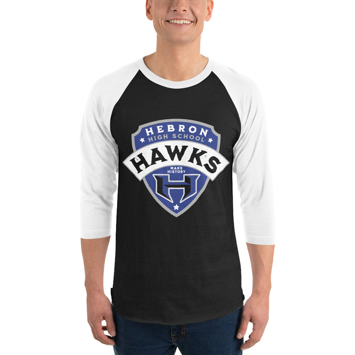 Man wearing Hebron High School Hawks Unisex 3/4 sleeve Raglan T-shirt 221