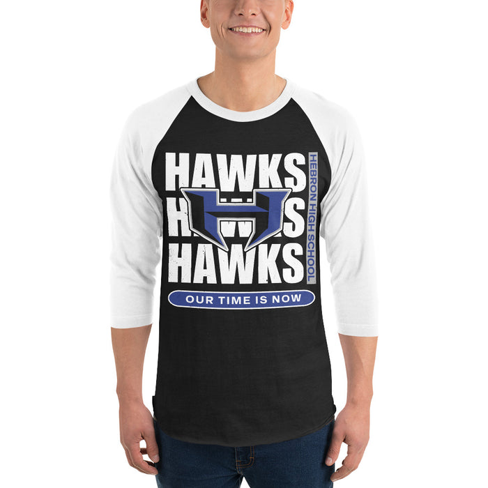 Man wearing Hebron High School Hawks Unisex 3/4 sleeve Raglan T-shirt 235
