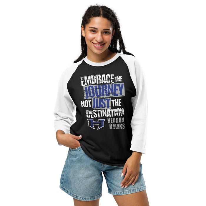 Woman wearing Hebron High School Hawks Unisex 3/4 sleeve Raglan T-shirt 232