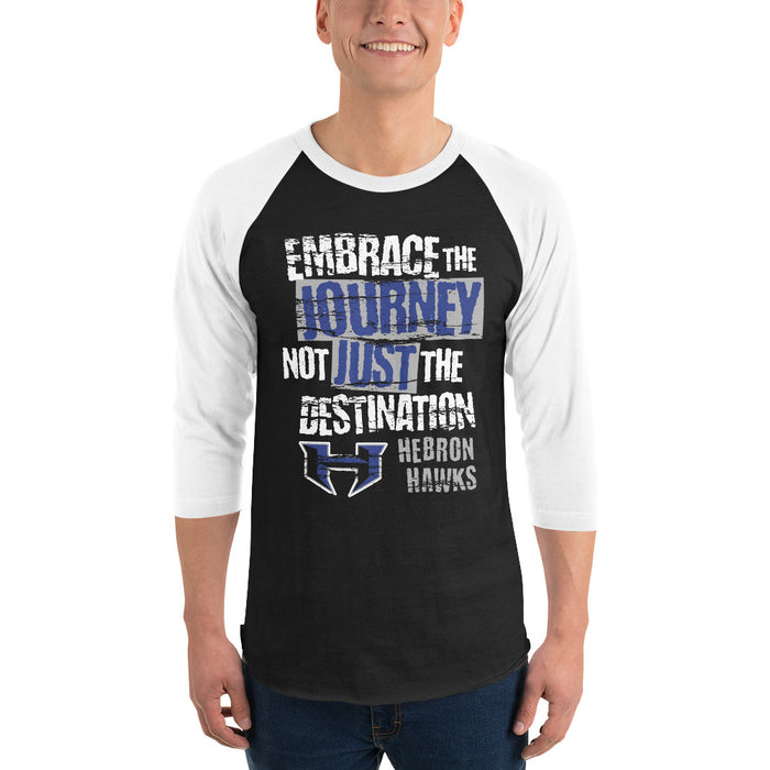 Man wearing Hebron High School Hawks Unisex 3/4 sleeve Raglan T-shirt 232