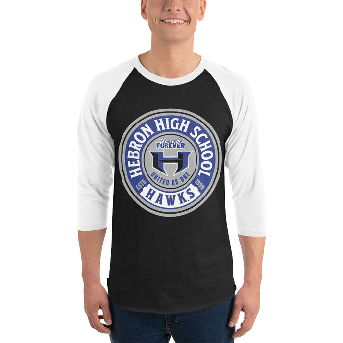 Man wearing Hebron High School Hawks Unisex 3/4 sleeve Raglan T-shirt 220