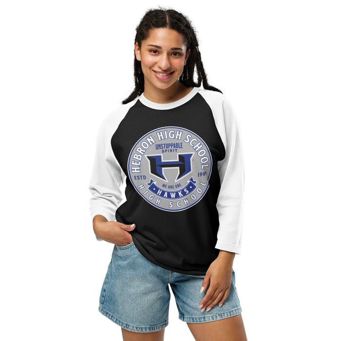 Woman wearing Hebron High School Hawks Unisex 3/4 sleeve Raglan T-shirt 215