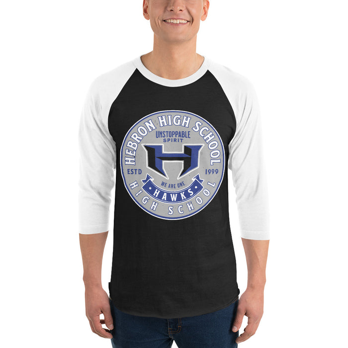 Man wearing Hebron High School Hawks Unisex 3/4 sleeve Raglan T-shirt 215