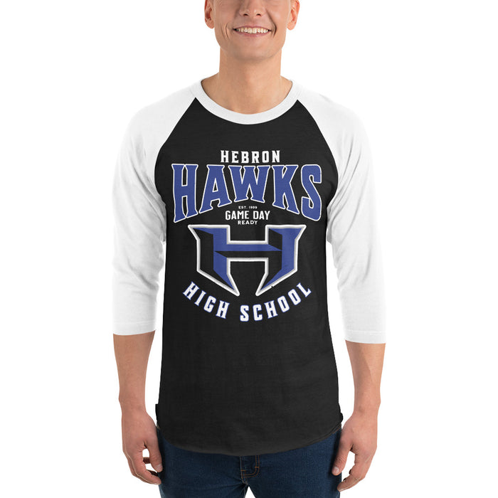 Man wearing Hebron High School Hawks Unisex 3/4 sleeve Raglan T-shirt 213