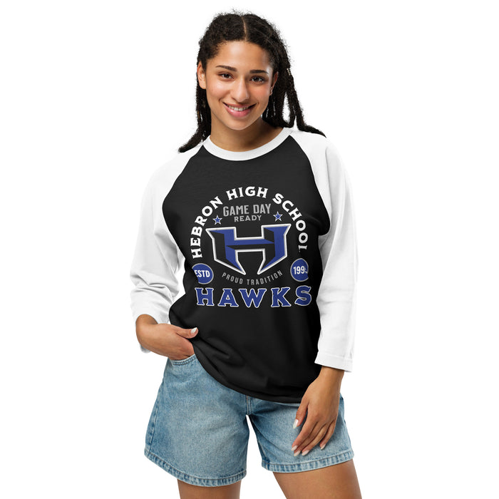 Woman wearing Hebron High School Hawks Unisex 3/4 sleeve Raglan T-shirt 208