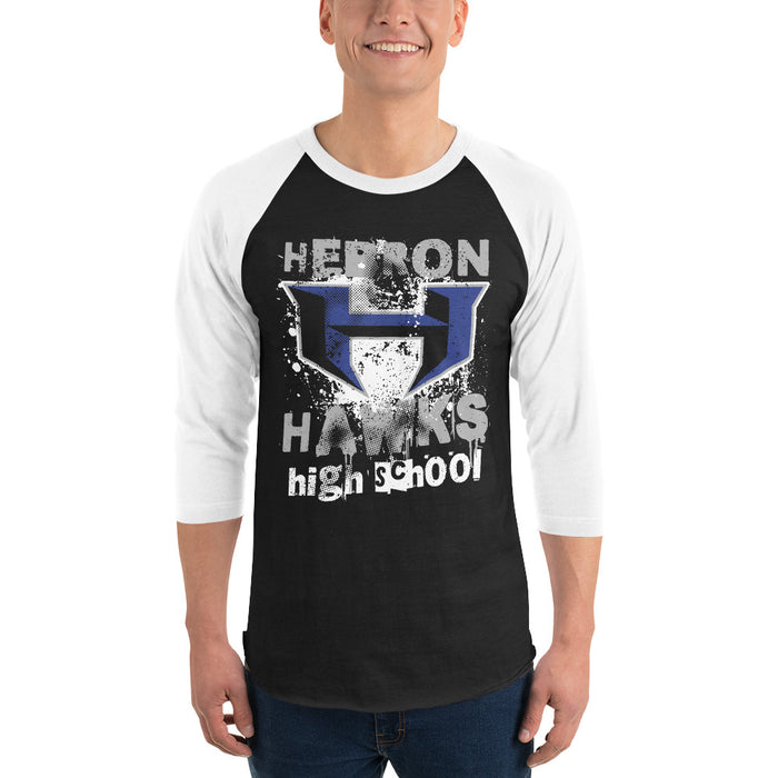 Man wearing Hebron High School Hawks Unisex 3/4 sleeve Raglan T-shirt 205