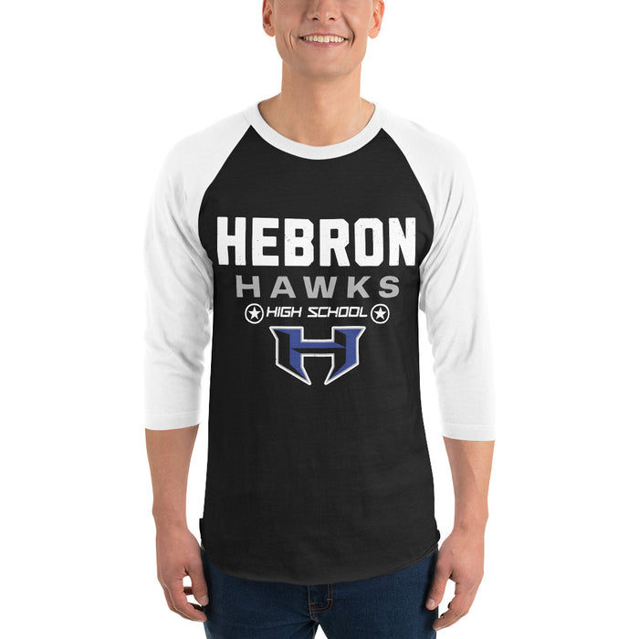Man wearing Hebron High School Hawks Unisex 3/4 sleeve Raglan T-shirt 003