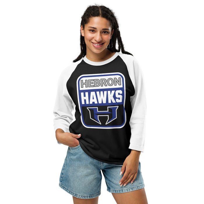 Woman wearing Hebron High School Hawks Unisex 3/4 sleeve Raglan T-shirt 001