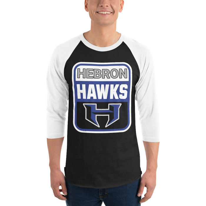 Man wearing Hebron High School Hawks Unisex 3/4 sleeve Raglan T-shirt 001