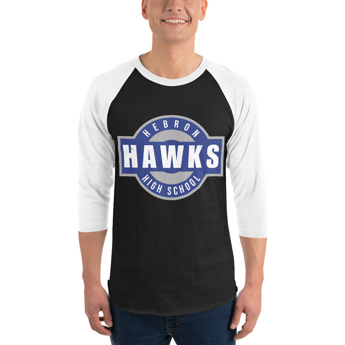 Man wearing Hebron High School Hawks Unisex 3/4 sleeve Raglan T-shirt 011