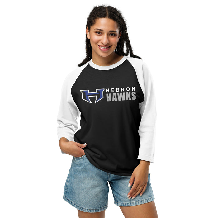 Woman wearing Hebron High School Hawks Unisex 3/4 sleeve Raglan T-shirt 200