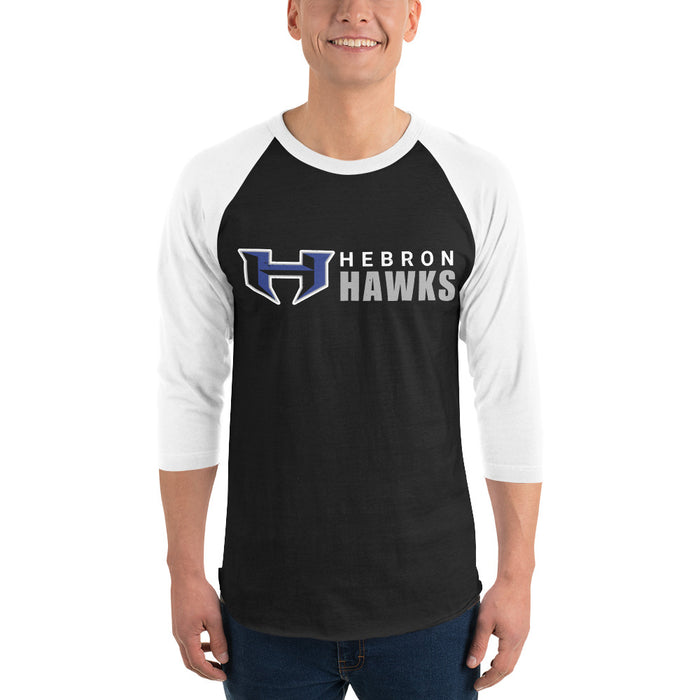 Man wearing Hebron High School Hawks Unisex 3/4 sleeve Raglan T-shirt 200