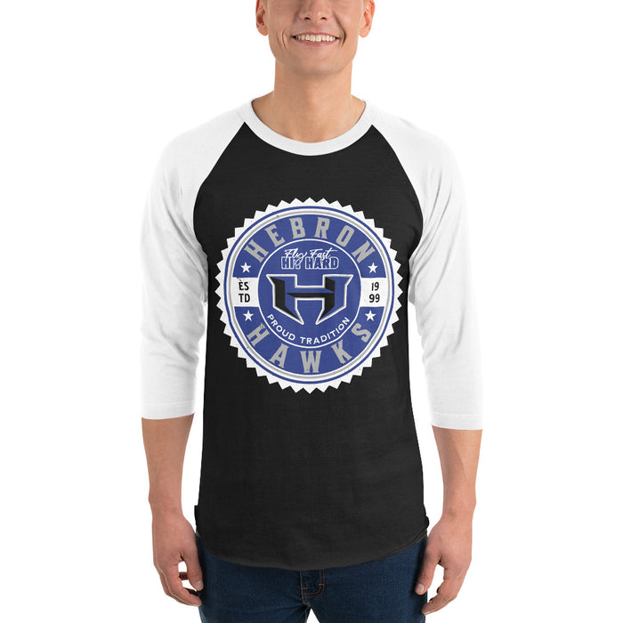 Man wearing Hebron High School Hawks Unisex 3/4 sleeve Raglan T-shirt 203