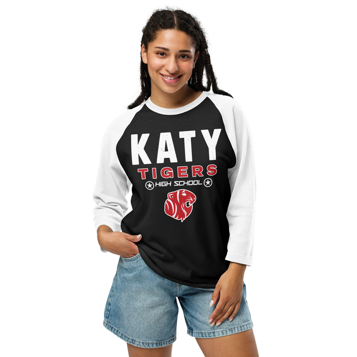 Woman wearing Katy High School Tigers Unisex 3/4 sleeve Raglan T-shirt 003