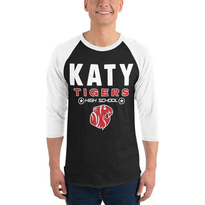 Man wearing Katy High School Tigers Unisex 3/4 sleeve Raglan T-shirt 003