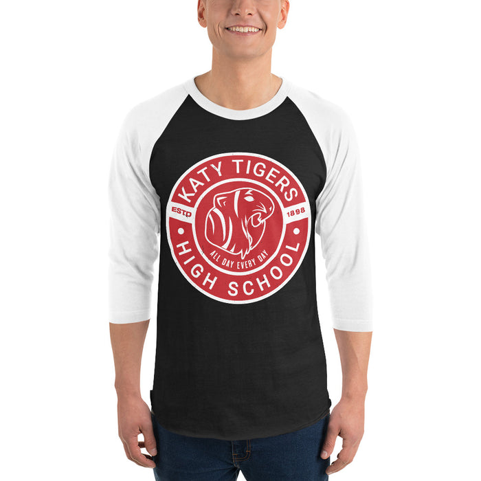 Man wearing Katy High School Tigers Unisex 3/4 sleeve Raglan T-shirt 239
