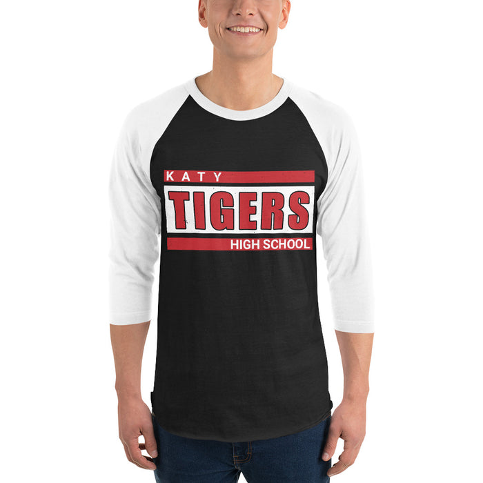 Man wearing Katy High School Tigers Unisex 3/4 sleeve Raglan T-shirt 098