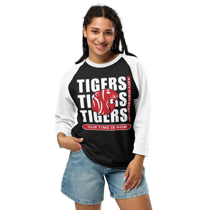 Woman wearing Katy High School Tigers Unisex 3/4 sleeve Raglan T-shirt 235
