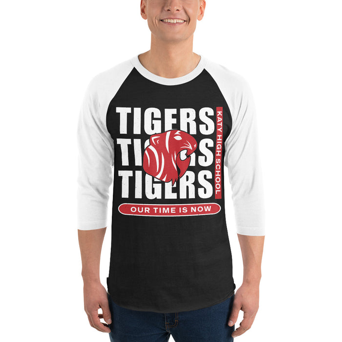 Man wearing Katy High School Tigers Unisex 3/4 sleeve Raglan T-shirt 235