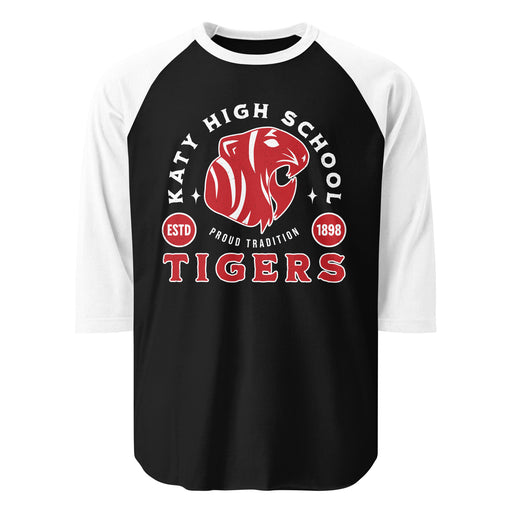 Close-up view of Katy High School Tigers Unisex 3/4 sleeve Raglan T-shirt 208
