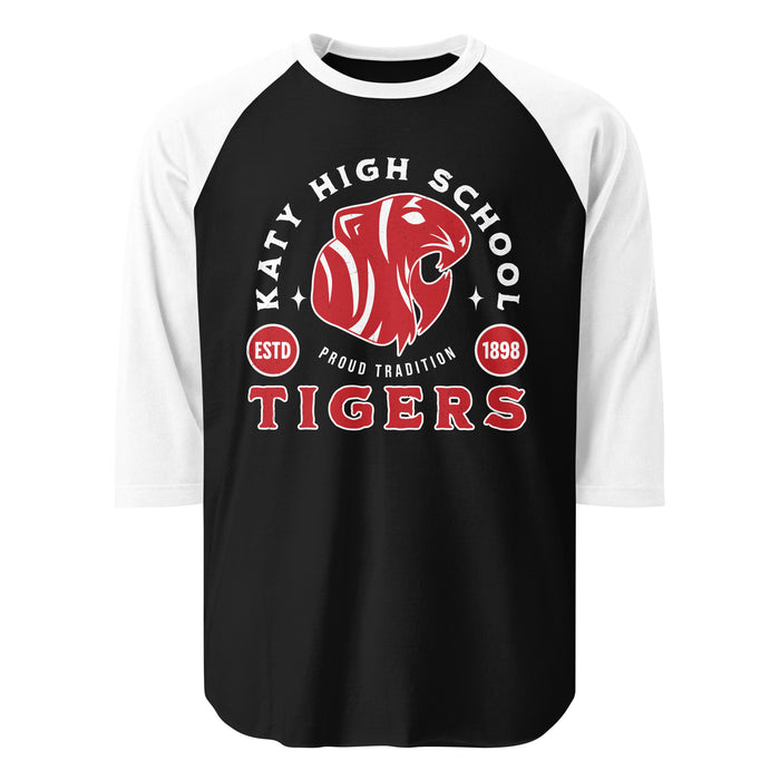 Close-up view of Katy High School Tigers Unisex 3/4 sleeve Raglan T-shirt 208