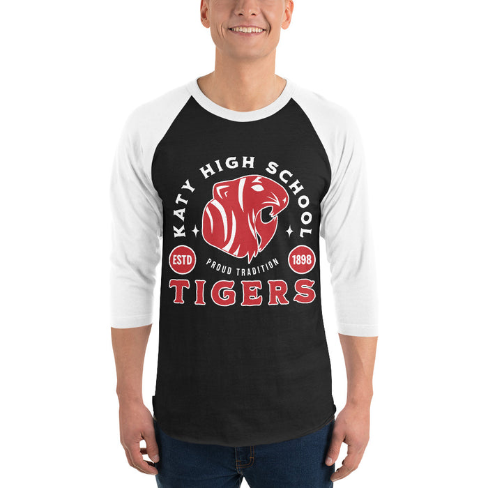 Man wearing Katy High School Tigers Unisex 3/4 sleeve Raglan T-shirt 208