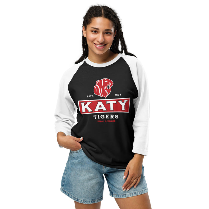 Woman wearing Katy High School Tigers Unisex 3/4 sleeve Raglan T-shirt 202