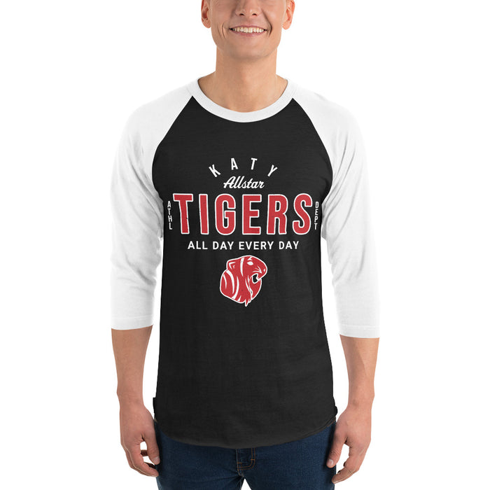 Man wearing Katy High School Tigers Unisex 3/4 sleeve Raglan T-shirt 040
