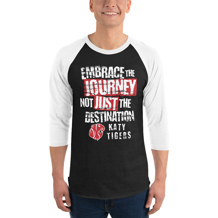 Man wearing Katy High School Tigers Unisex 3/4 sleeve Raglan T-shirt 232