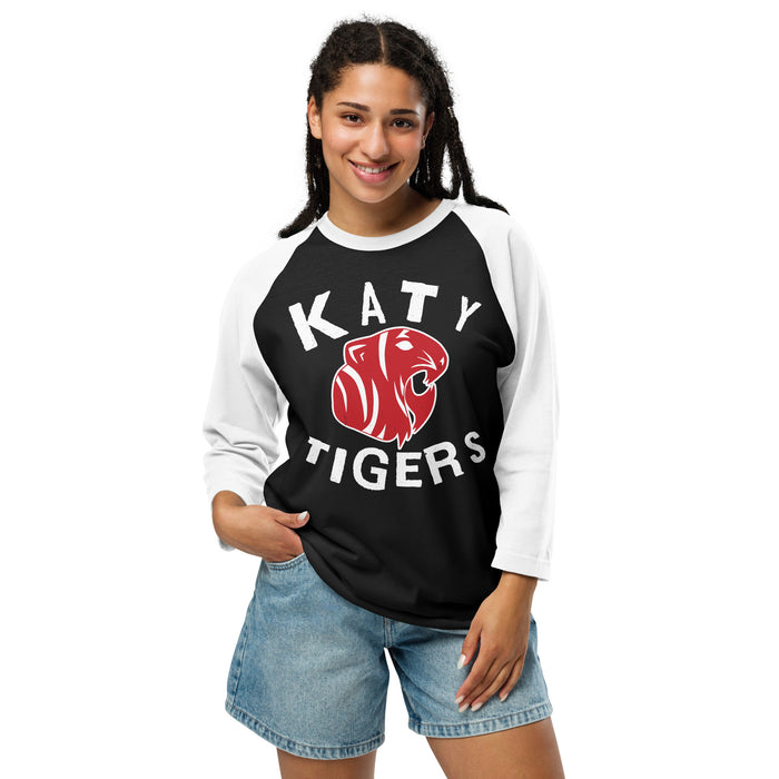 Woman wearing Katy High School Tigers Unisex 3/4 sleeve Raglan T-shirt 228