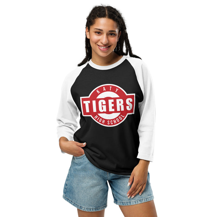Woman wearing Katy High School Tigers Unisex 3/4 sleeve Raglan T-shirt 011