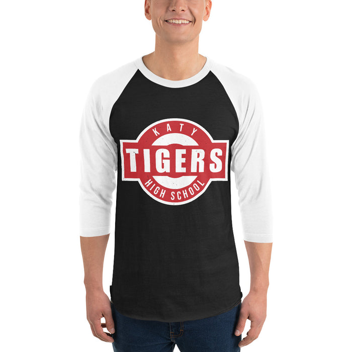 Man wearing Katy High School Tigers Unisex 3/4 sleeve Raglan T-shirt 011