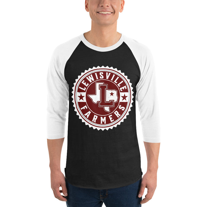Man wearing Lewisville High School Farmers Unisex 3/4 Sleeve Raglan T-shirt 203