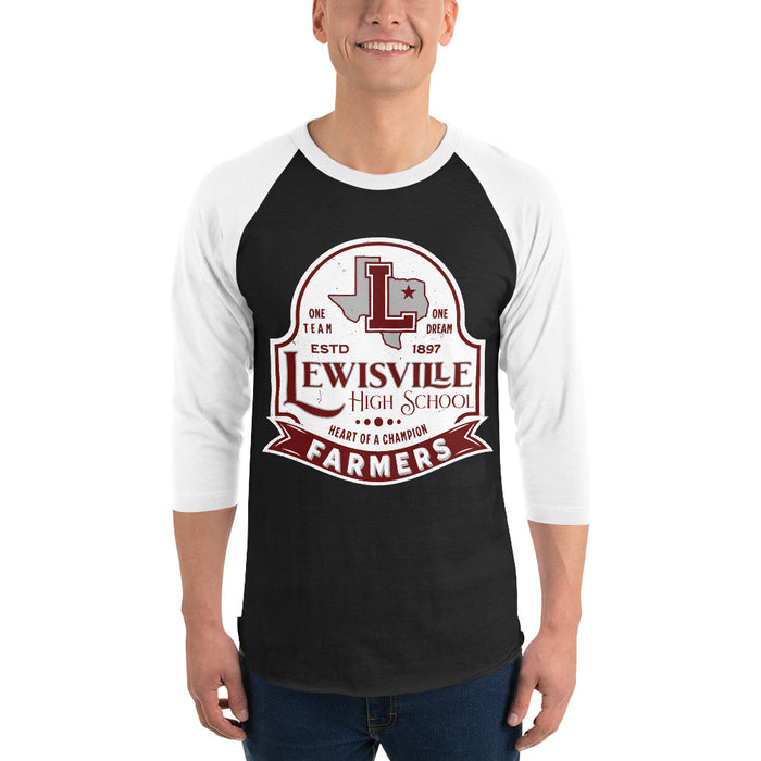 Clos-up view of Lewisville High School Farmers Unisex 3/4 Sleeve Raglan T-shirt 219