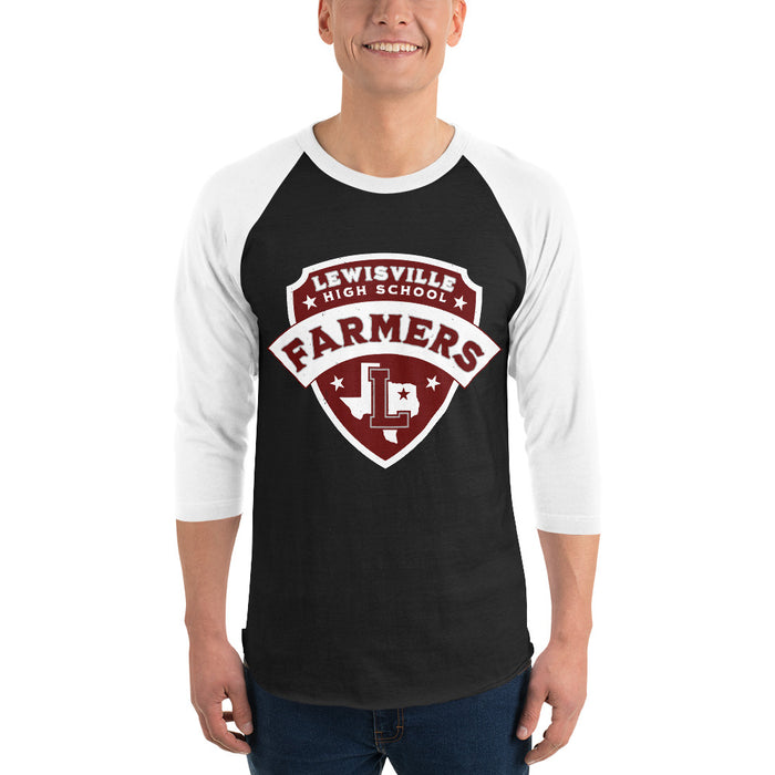 Man wearing Lewisville High School Farmers Unisex 3/4 Sleeve Raglan T-shirt 221