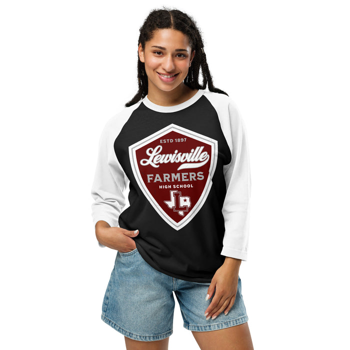 Woman wearing Lewisville High School Farmers Unisex 3/4 Sleeve Raglan T-shirt 225
